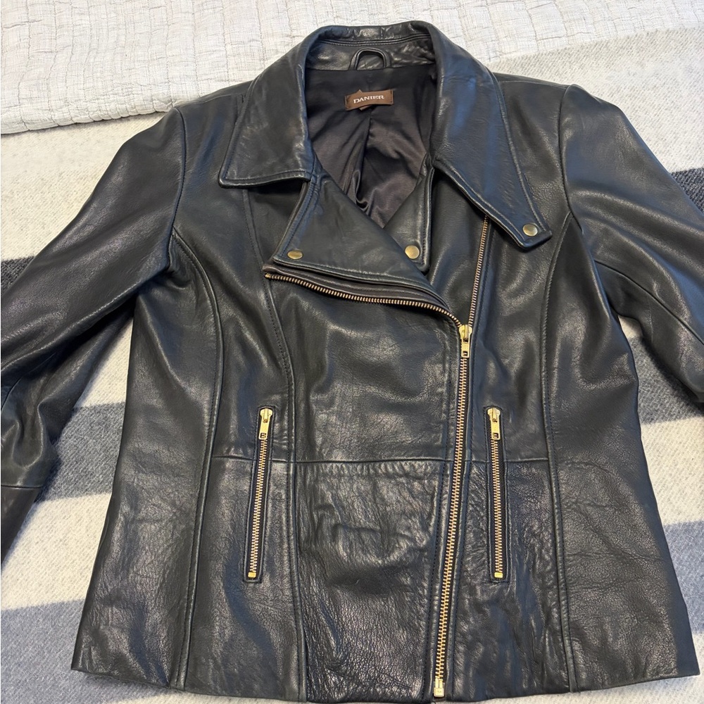 Danier Black Leather Jacket with Gold Accents